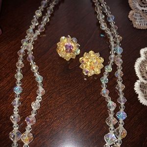 Vintage Crystal Necklace and Clip Earrings